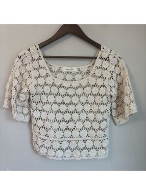 Nare Moda Cream Crochet Lace Daisy Motif Open Work Scoop Neck Top Sz Large L